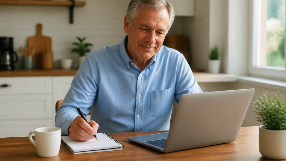 A relaxed retiree using a laptop at a kitchen table to earn online through simple digital tasks