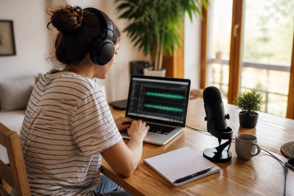 Beginner podcaster sitting at a home desk using a laptop to edit a podcast with headphones and a microphone.