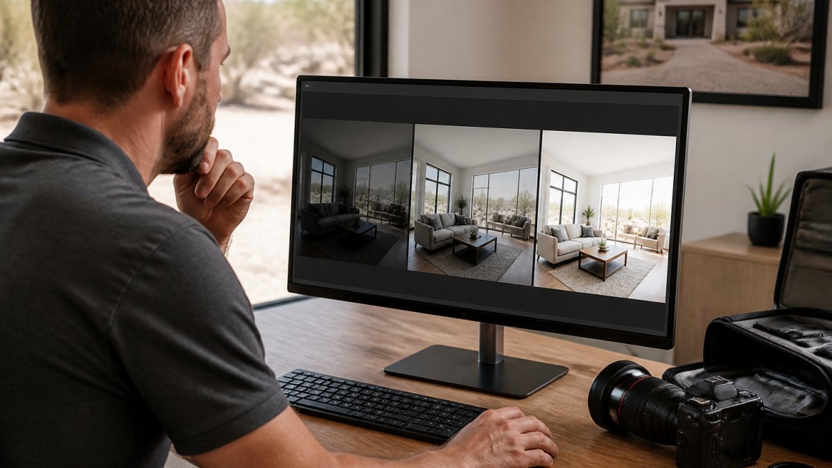 Professional photographer reviewing bracketed exposures of a bright living room with large windows on a computer monitor, showing three versions of the same scene at different brightness levels