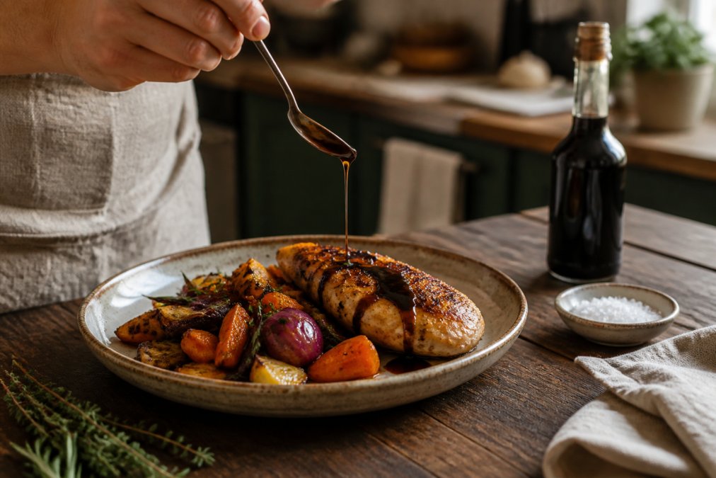 Hand drizzling balsamic glaze over roasted vegetables and chicken to show how to elevate simple home cooked meals.