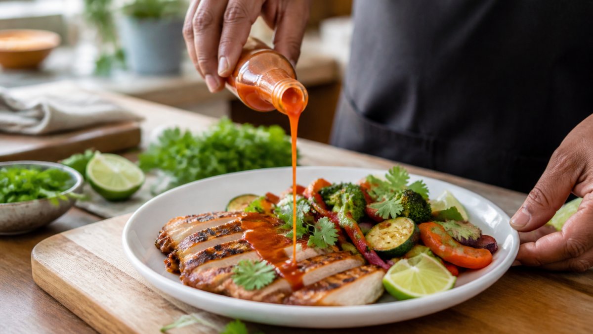 Hands drizzling hot sauce over grilled chicken and roasted vegetables with lime and cilantro on a white plate