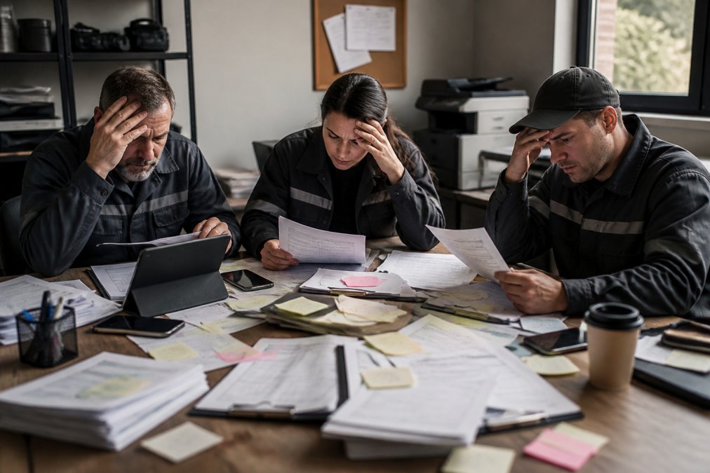 A field service crew in the office looking stressed while reviewing scattered paperwork and sticky notes on a desk with multiple devices showing different scheduling systems