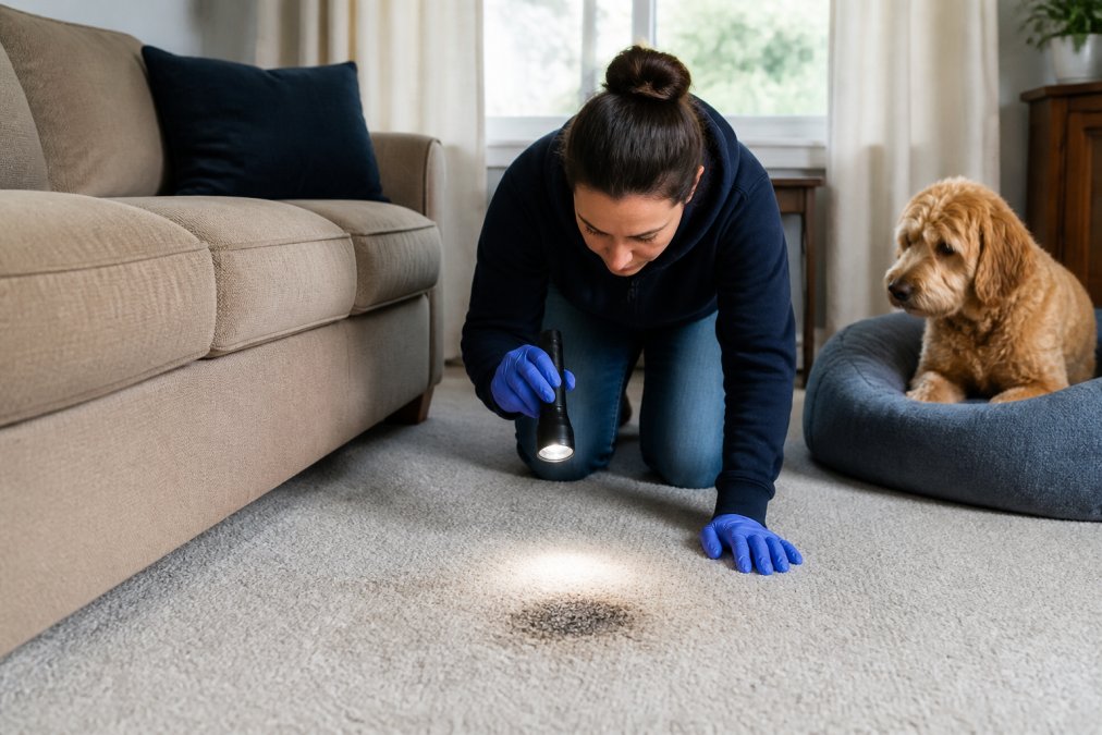 Parent inspecting a carpet stain with a flashlight to find the source of persistent home odors while a dog watches.