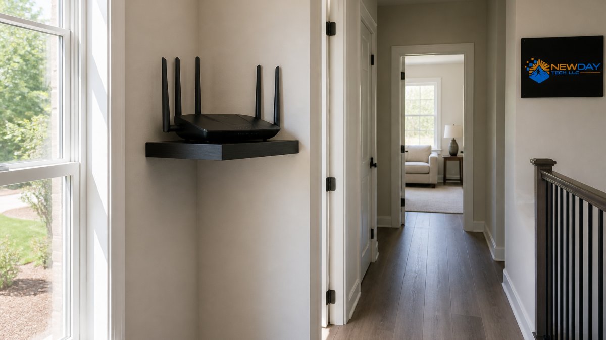 Wireless router wall-mounted in a central hallway to help eliminate Wi-Fi dead zones throughout the home.