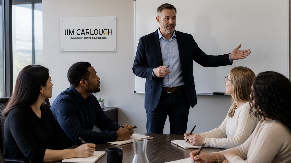 A confident leader standing in front of a diverse team in a modern conference room, gesturing toward a whiteboard with notes, while team members listen and take notes