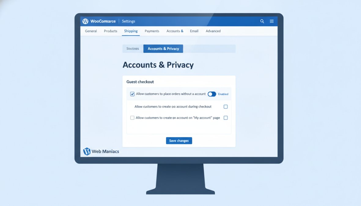 Computer screen showing WordPress Admin dashboard with WooCommerce settings panel open, displaying the Accounts and Privacy section with guest checkout toggle visible in a modern office setting