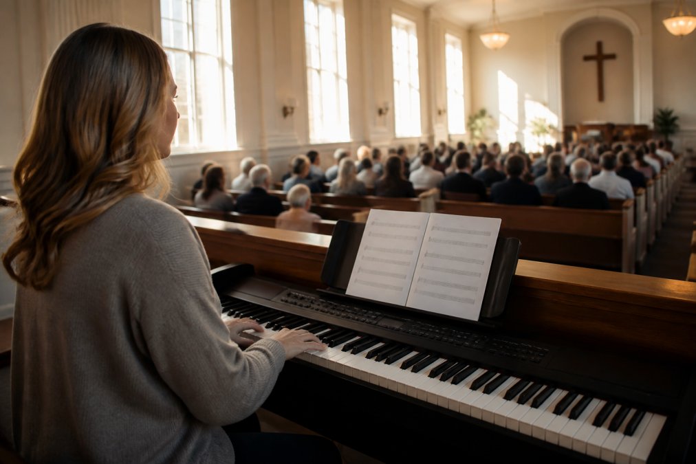 Worship leader at a keyboard preparing to lead congregational singing in a sunlit sanctuary