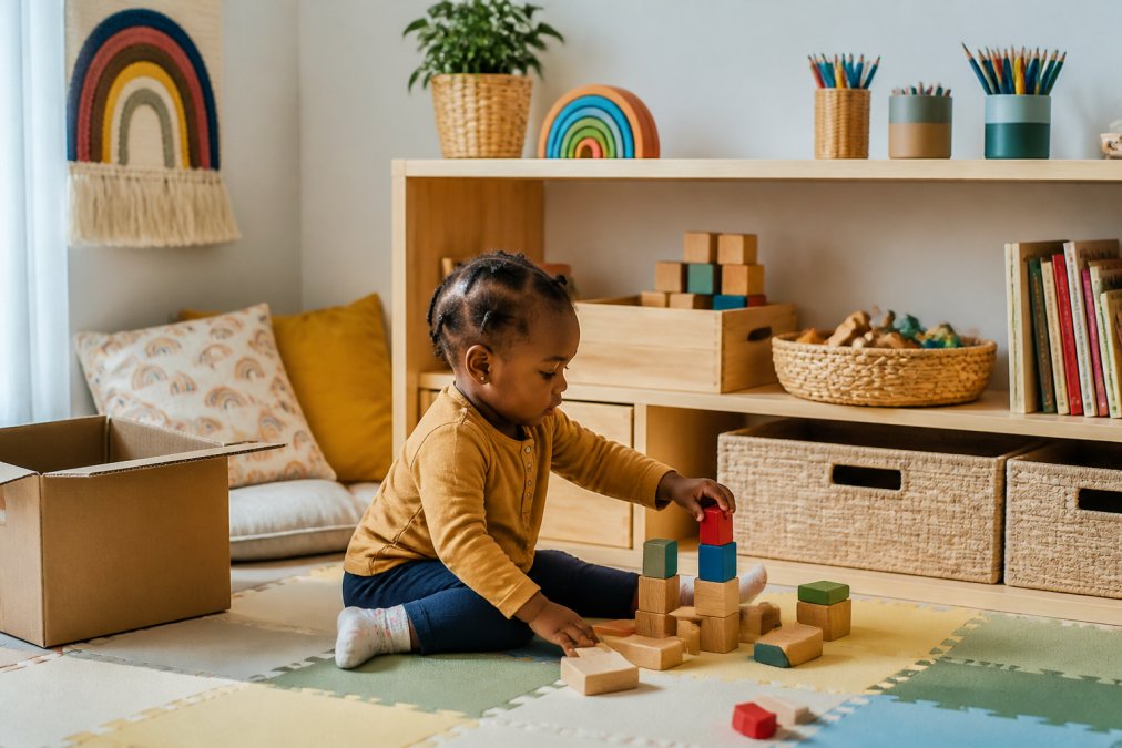 A toddler sitting on a soft mat in a bright play corner at home, surrounded by open-ended toys like wooden blocks and a cardboard box, with shelves at child height holding books and art supplies