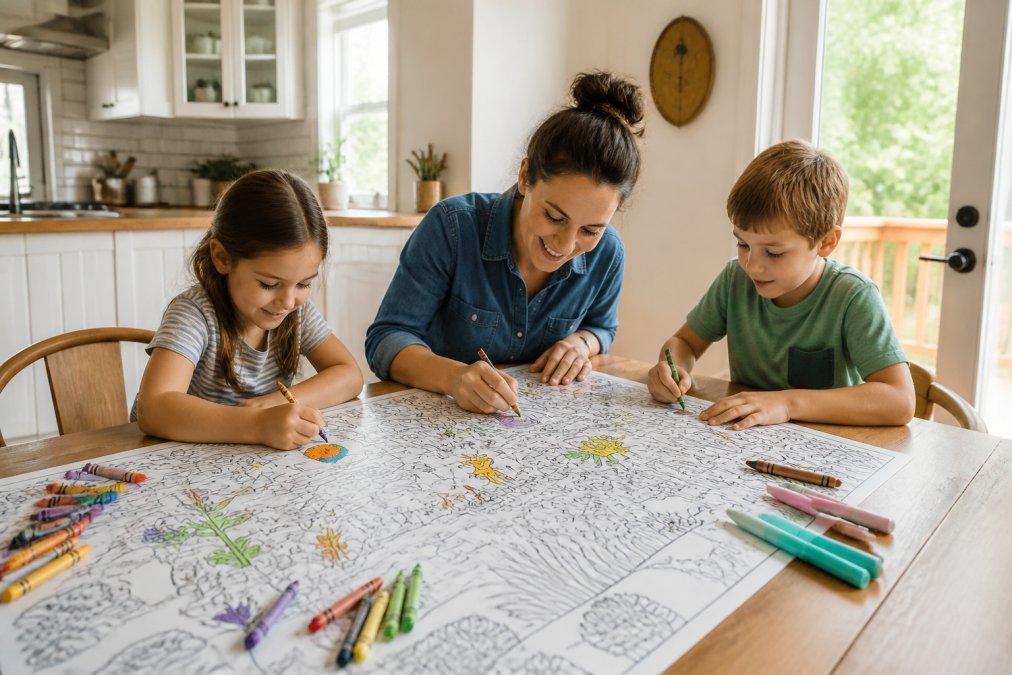 Family coloring together on a large sheet to encourage creativity and set up a productive home art station.