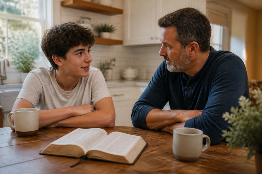 Infographic showing a step-by-step process to encourage faith through open conversations with teens.