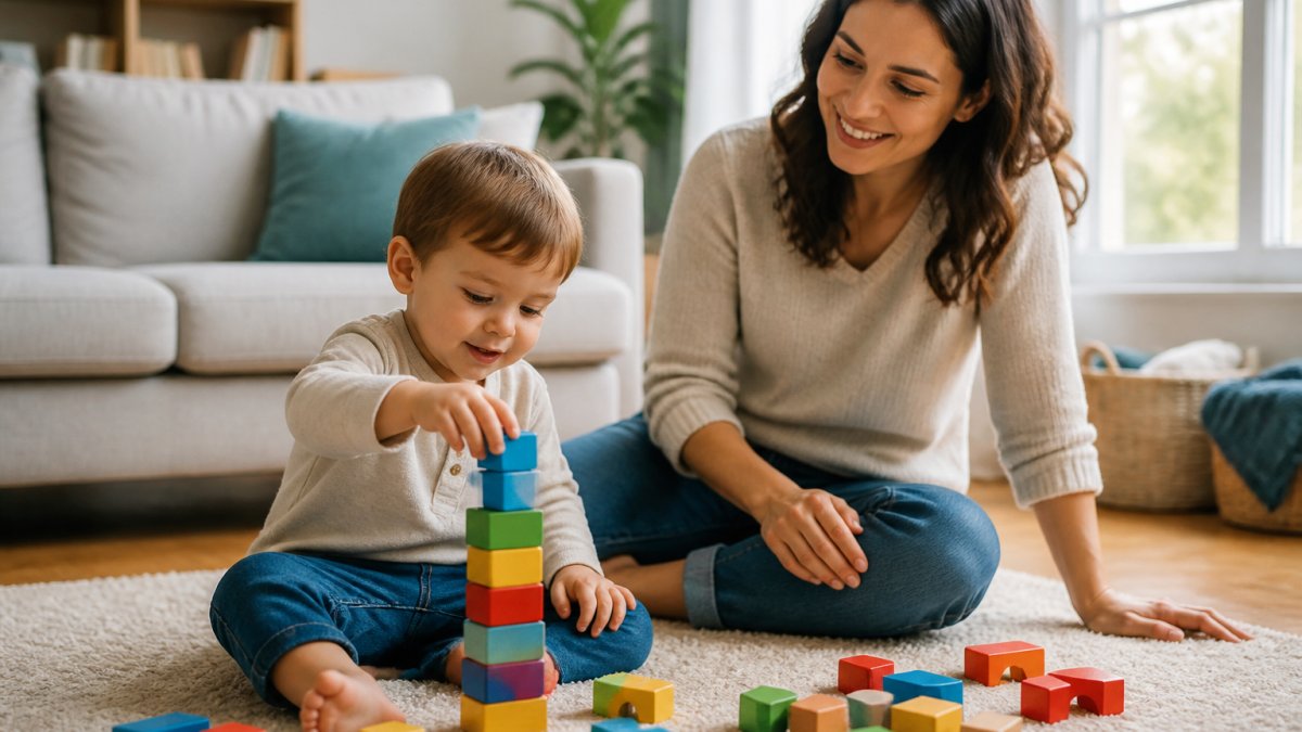 A toddler sitting on a living room floor, stacking colorful blocks with a parent sitting nearby, both engaged and smiling, soft natural light coming through a window