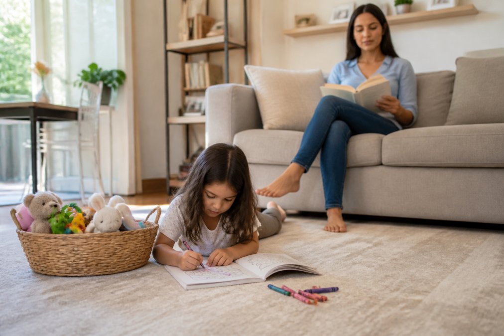 A young child around age five sitting on a living room rug, coloring in an activity book with crayons beside a small basket of toys, while a parent reads nearby on a couch in a bright, tidy home