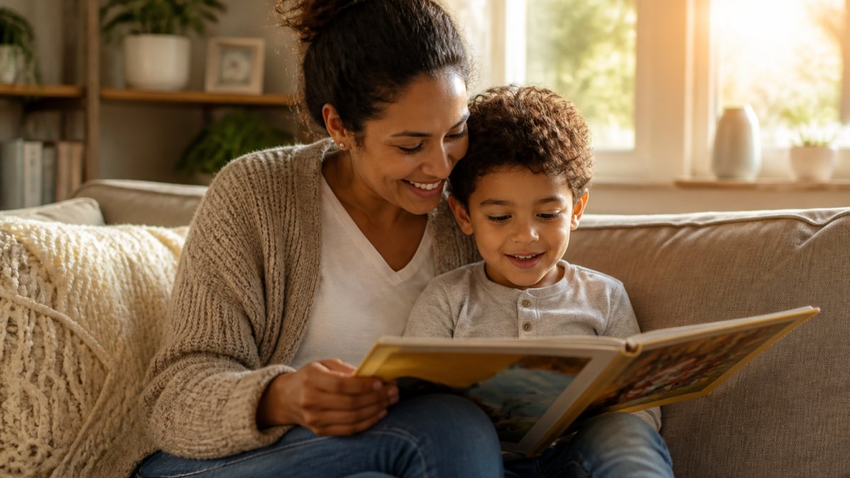 Parent and child sitting together on a couch with a storybook, both smiling and engaged, in a cozy home setting with warm lighting and afternoon sun streaming through windows