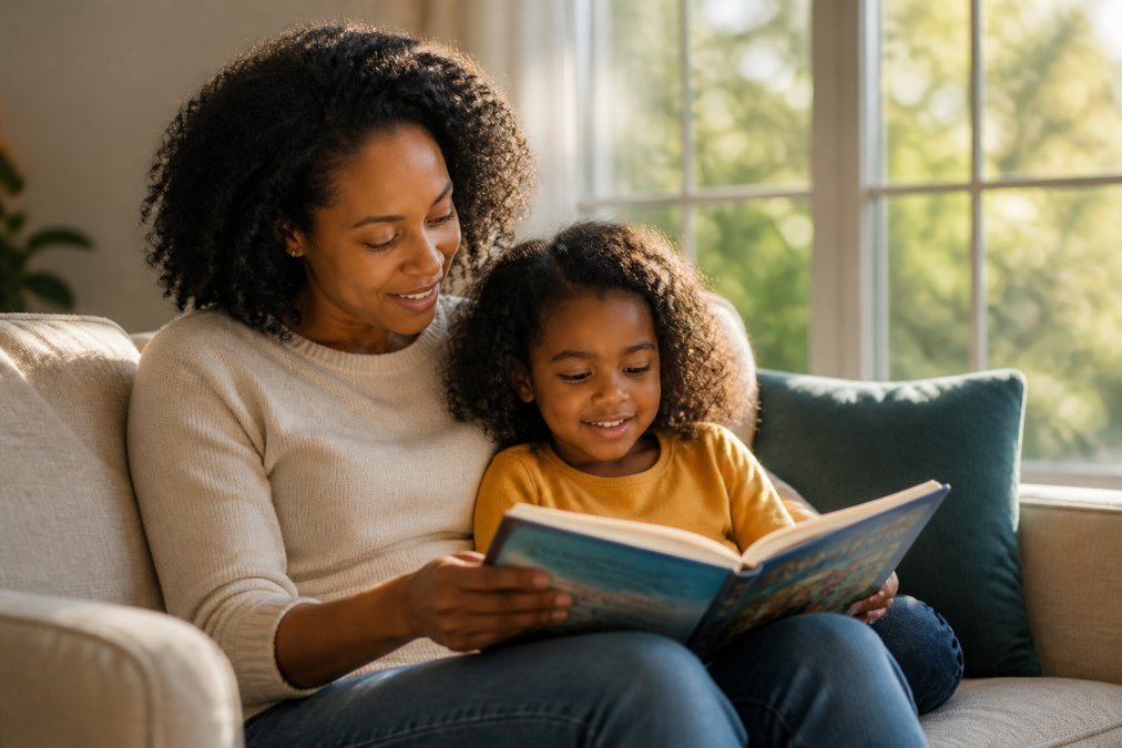 Parent and young child sitting together on a cozy living room couch reading a storybook with warm natural sunlight streaming through the window, both smiling and engaged