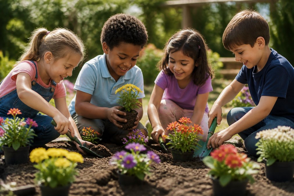 Group of four preschool-aged children in bright outdoor garden setting planting colorful flowers together in soil, smiling and helping each other with small gardening tools, natural sunlight
