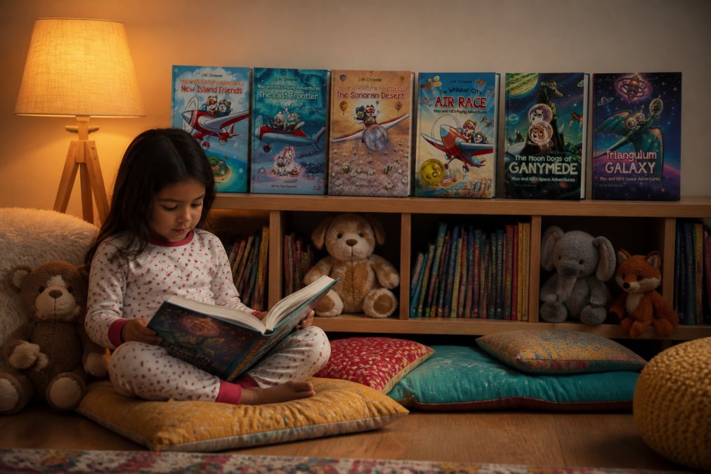 Child sitting cross-legged on colorful cushions in a cozy corner surrounded by picture books on low shelves, warm lamp light casting soft shadows on the wall, stuffed animals arranged nearby