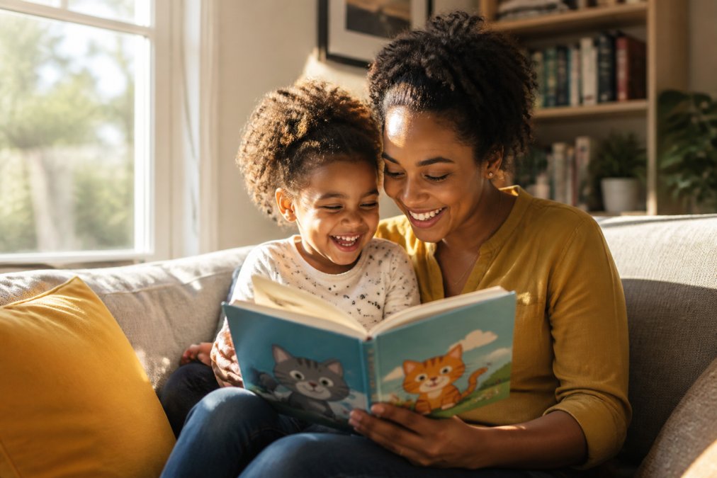 A parent and young child sitting together on a couch, laughing while reading a colorful picture book with cat characters on the cover, warm afternoon sunlight streaming through a nearby window