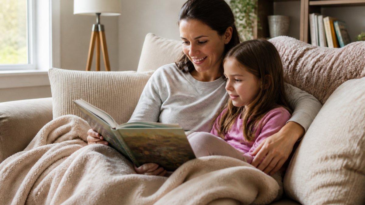 Parent and child sitting together on a couch reading a book, with soft blankets, pillows, and warm natural lighting from a nearby window in a comfortable living room