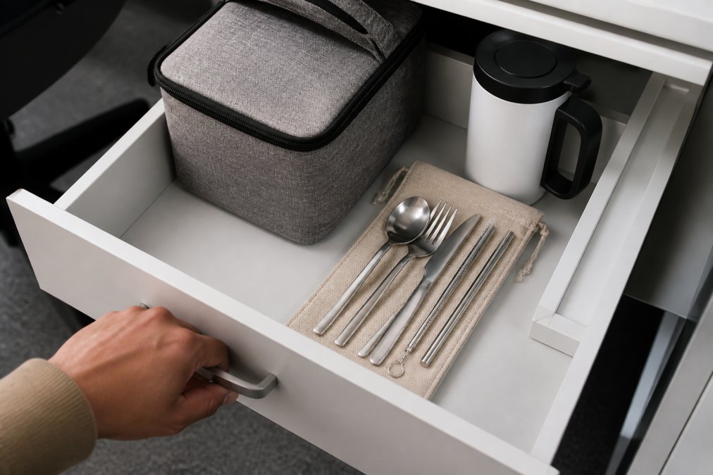A close-up of an employee's desk drawer at an office, showing a stainless steel utensil set in a hemp pouch with a custom logo, next to a lunch bag and coffee mug