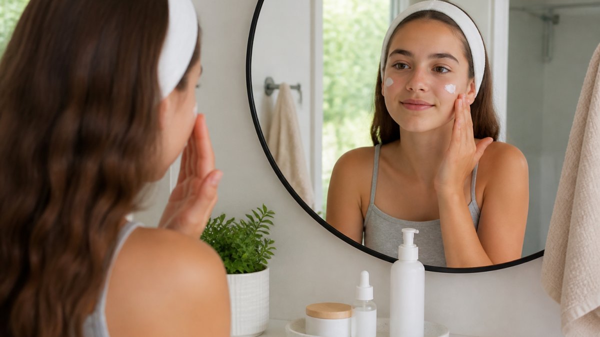 Teen applying moisturizer in a mirror while wearing a headband in a peaceful, sunlit bathroom.