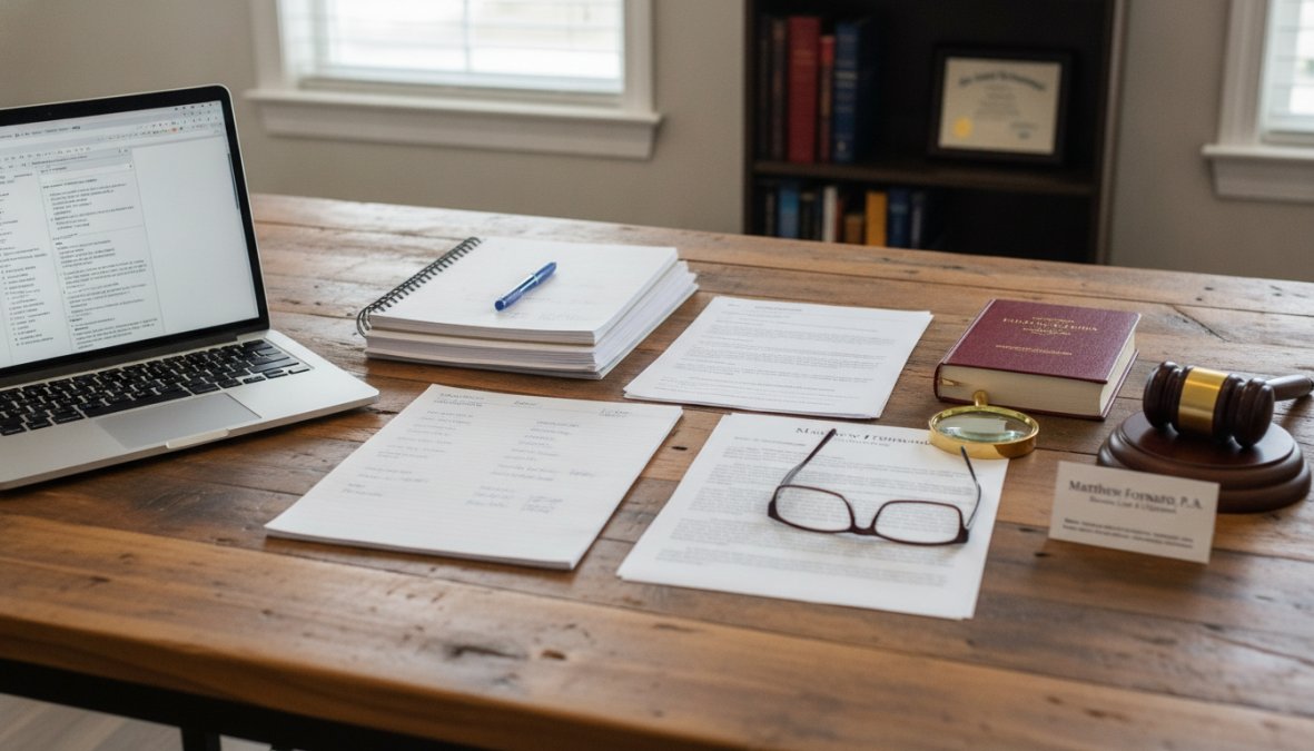 Business owner at desk reviewing documents and contract notes with laptop and written records visible, natural office lighting