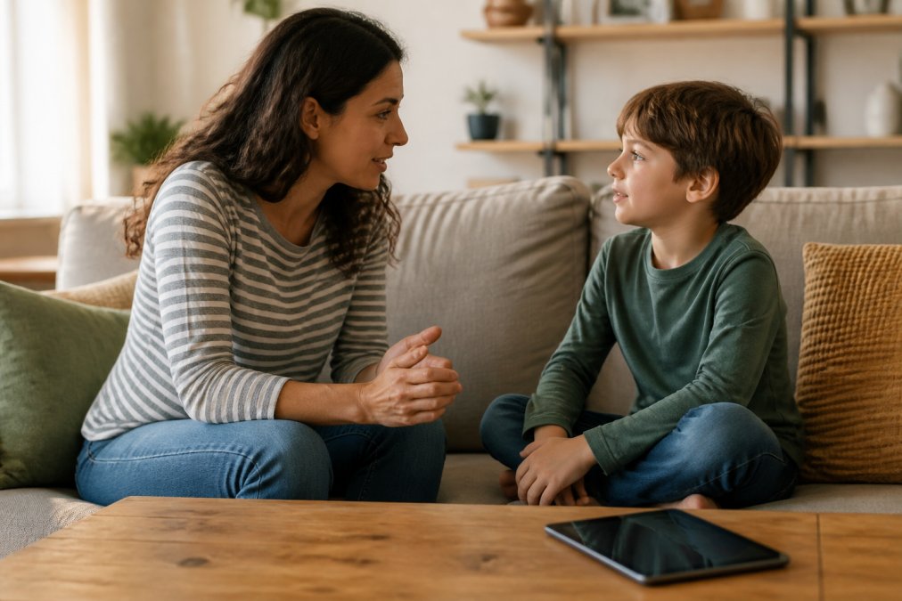 Infographic flowchart illustrating a calm conversation process for setting child screen limits at home.