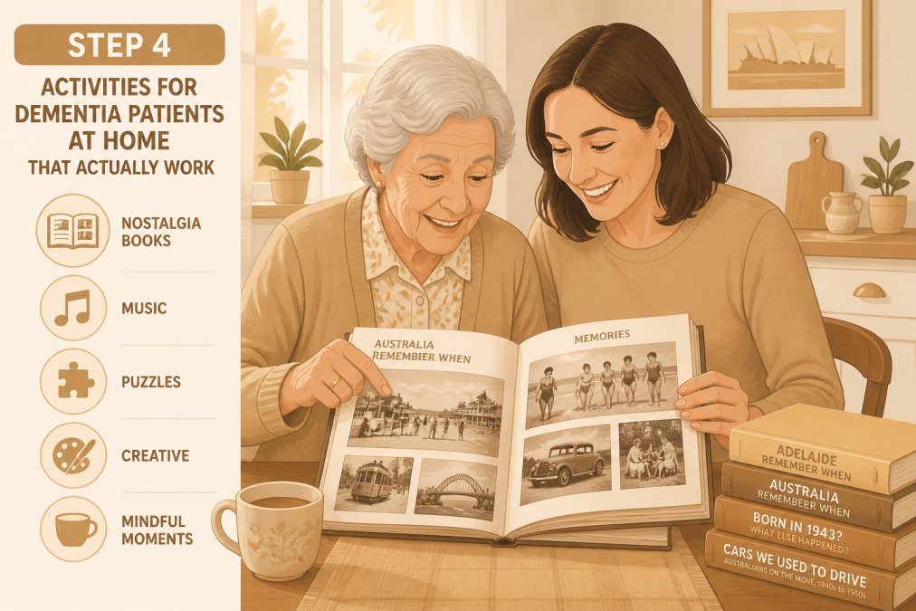 An elderly Australian woman and her adult daughter sitting together at a kitchen table, looking through a large illustrated nostalgia book with old photographs, both smiling warmly in a bright, comfortable home setting