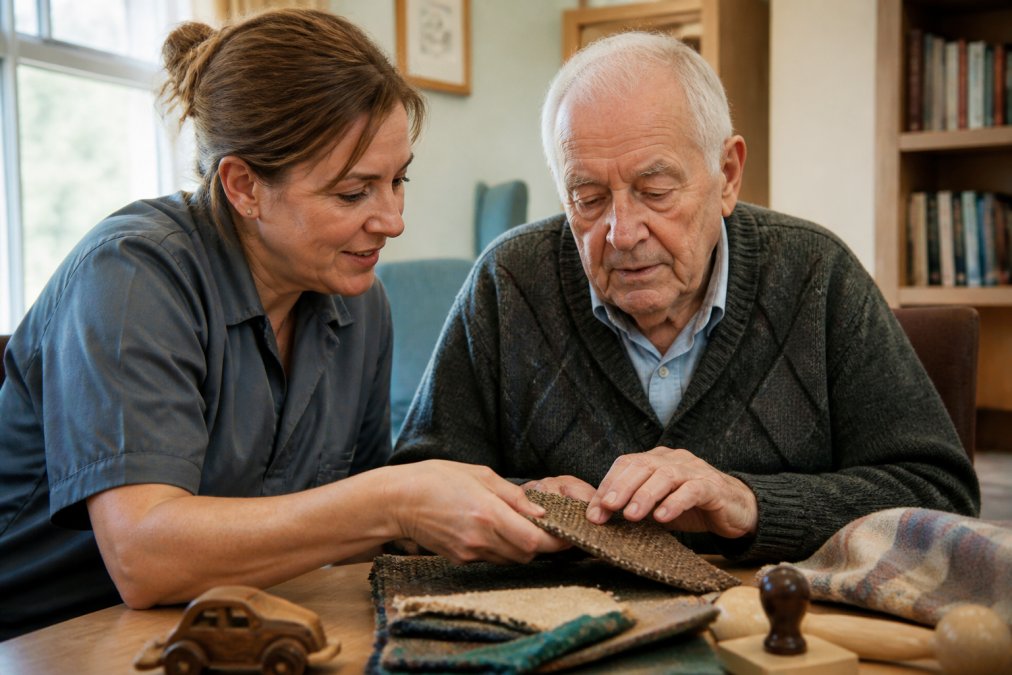 A carer sitting beside an elderly man in an aged care facility common room, gently guiding his hands through a tactile activity with fabric swatches and familiar objects on a table, soft natural light coming through a window