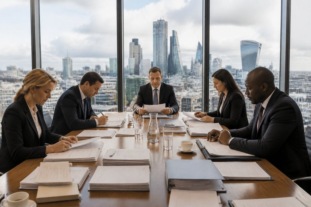 A boardroom meeting with professionals reviewing financial reports and governance documents on a large table, with a city skyline visible through the window