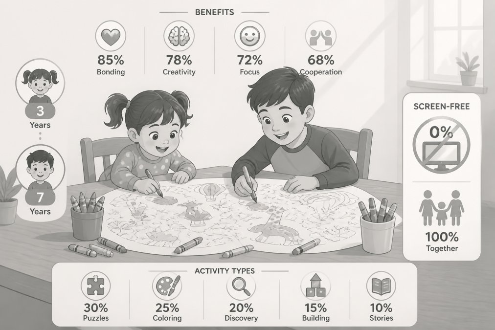 Two children of different ages, a toddler around age 3 and an older child around age 7, sitting together at a large wooden table, coloring a giant sheet with crayons and markers in warm afternoon light, both smiling and fully engaged