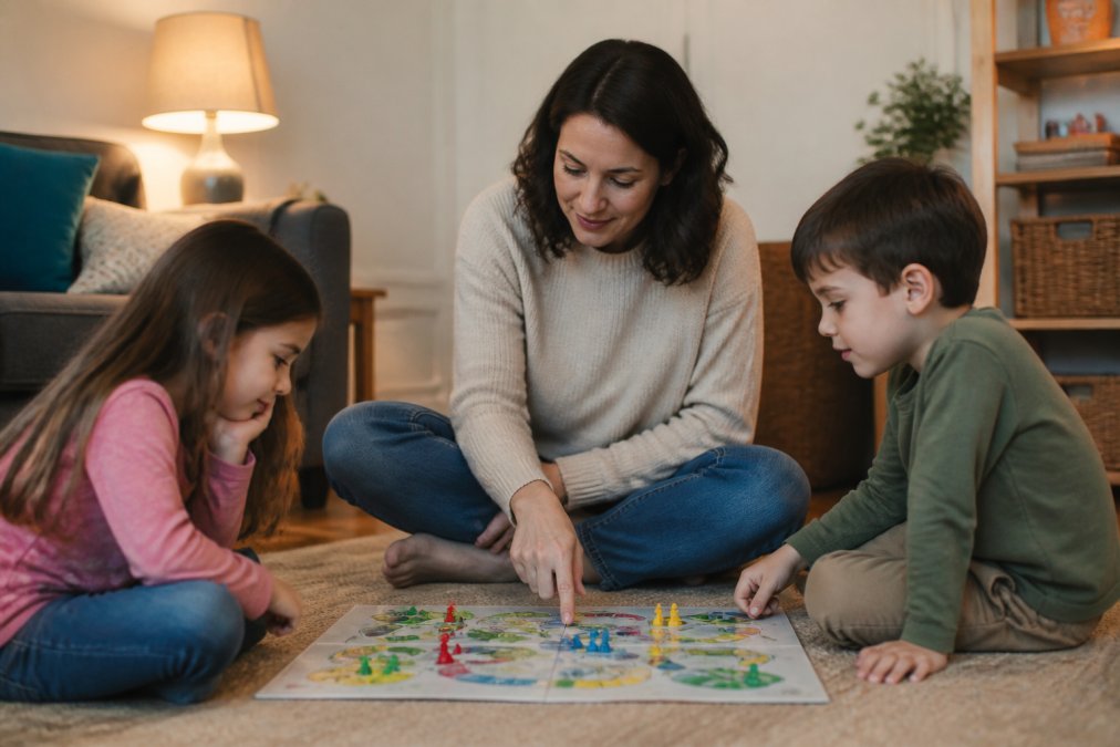 A parent sitting cross-legged on a living room floor between two children of different ages, calmly pointing to a board game in progress, all three with relaxed expressions, warm lamp lighting in the background