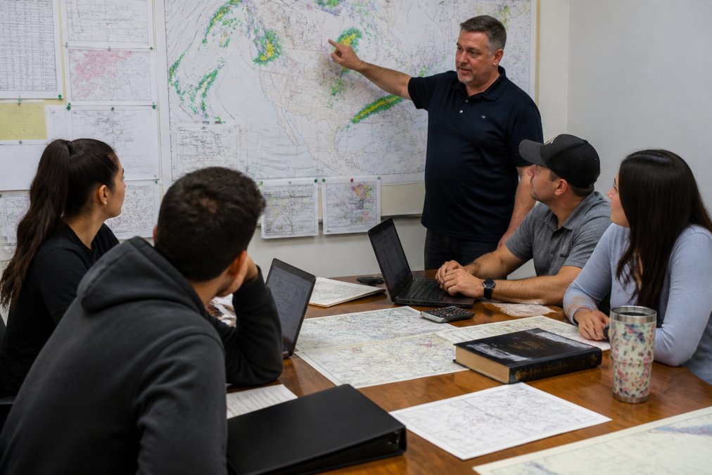 Experienced flight instructor pointing to weather maps and flight planning charts while discussing dispatch procedures with a small group of students seated around a classroom table with laptops and aviation materials