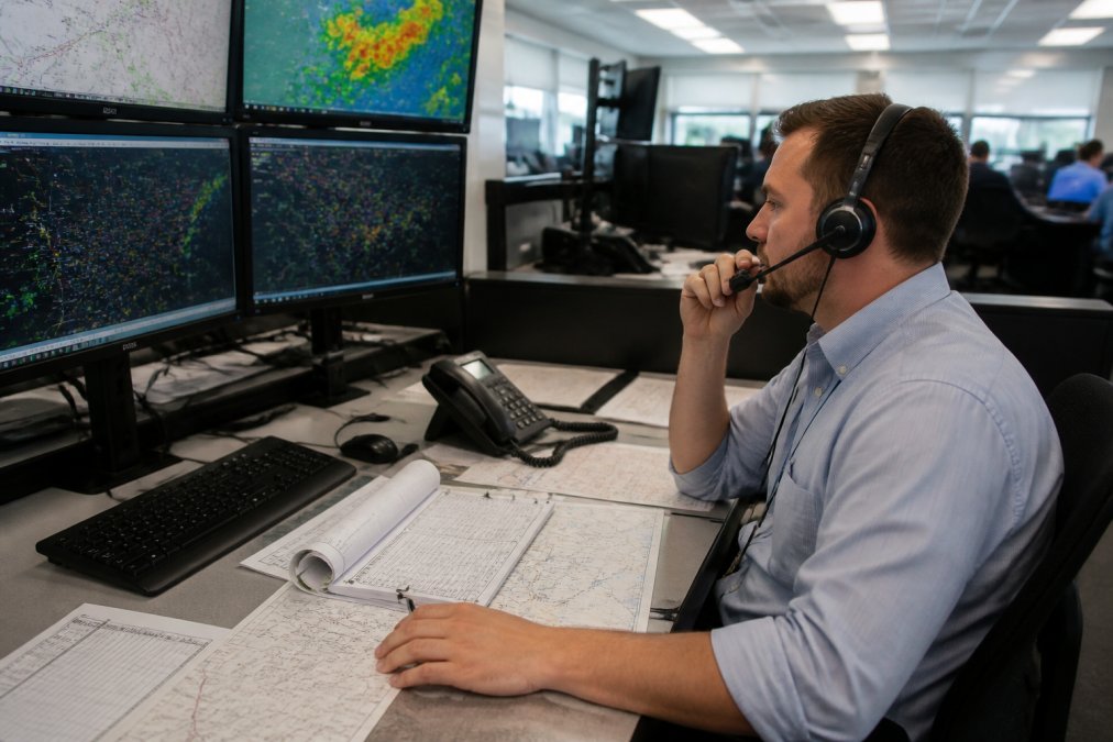 Aircraft dispatcher working at a multi-monitor workstation in an operations center, reviewing flight plans and weather data on screens while speaking into a headset, with flight progress strips and weather charts visible on the desk