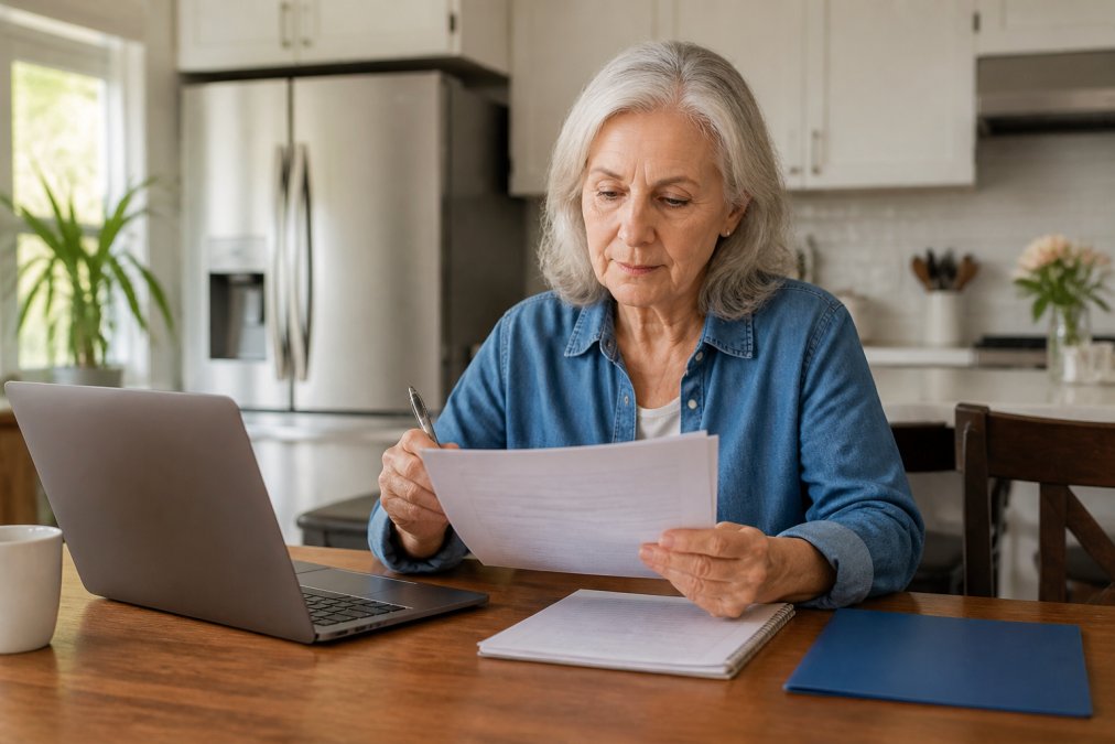 A person turning 65 sitting at a kitchen table with a laptop, reviewing Medicare enrollment paperwork with a pen and notepad nearby, warm natural light