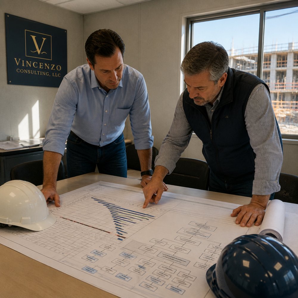 A project manager and owner's representative reviewing a large printed schedule and organizational chart on a conference table in a construction site office trailer, hard hats nearby, natural light through window