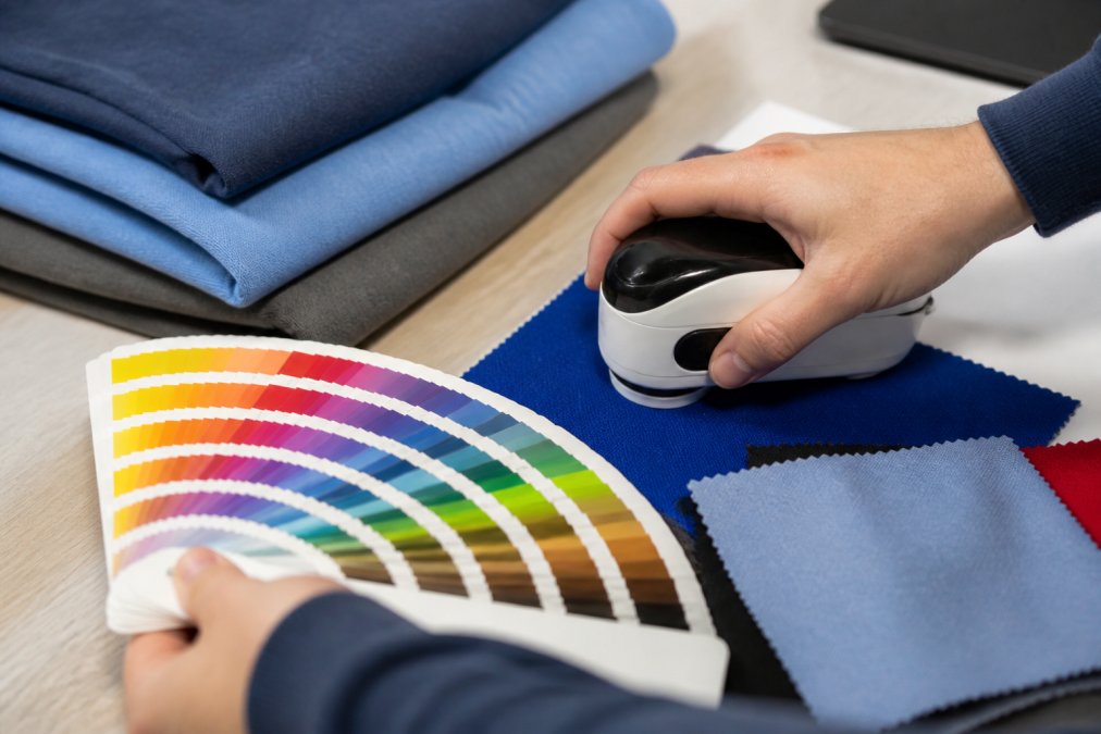 Close-up of a color swatch reference guide and spectrophotometer device being held next to fabric samples on a work table with professional lighting, showing precise color measurement tools