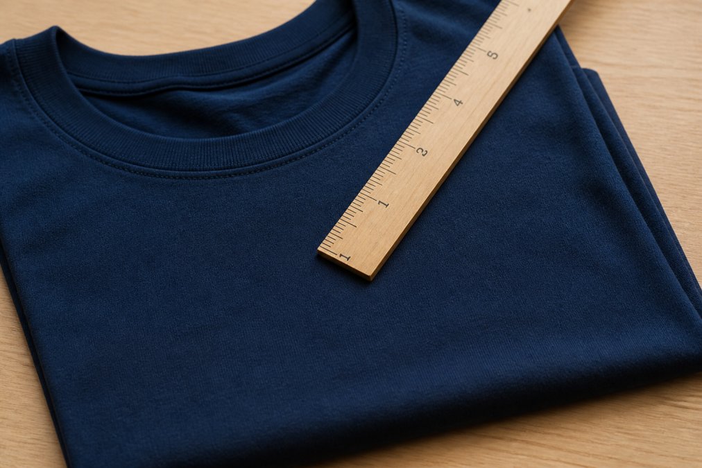 Close-up of folded t-shirt showing left chest placement with measuring ruler positioned 2.5 inches below neckline and 2-3 inches from shoulder seam, natural daylight