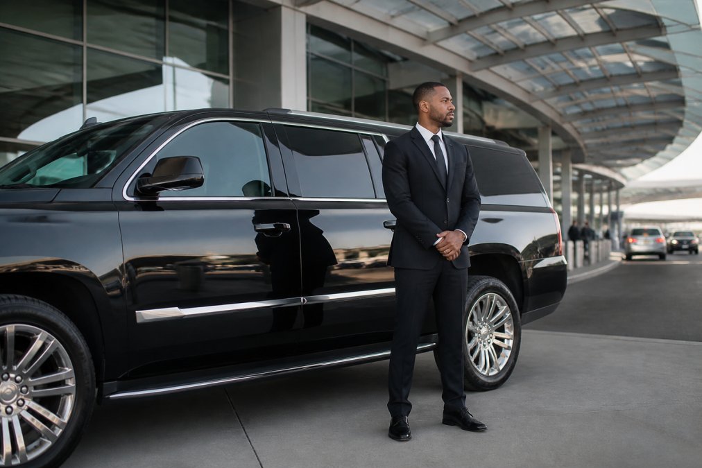 Professional chauffeur standing beside a luxury black SUV at airport arrivals area, displaying professional demeanor and attentive service posture