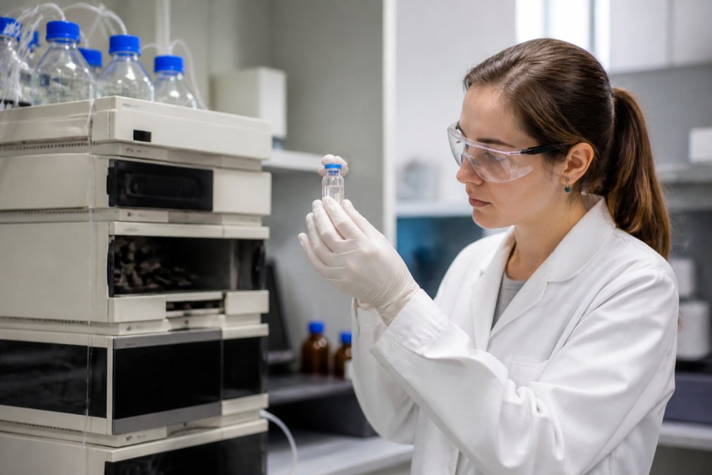 A scientist in a white lab coat and gloves examining a labeled peptide vial next to an HPLC instrument in a clean, well-lit analytical laboratory