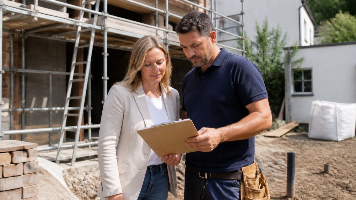 Homeowner and builder reviewing construction progress on a clipboard at a residential building site with scaffolding and materials visible, natural daylight