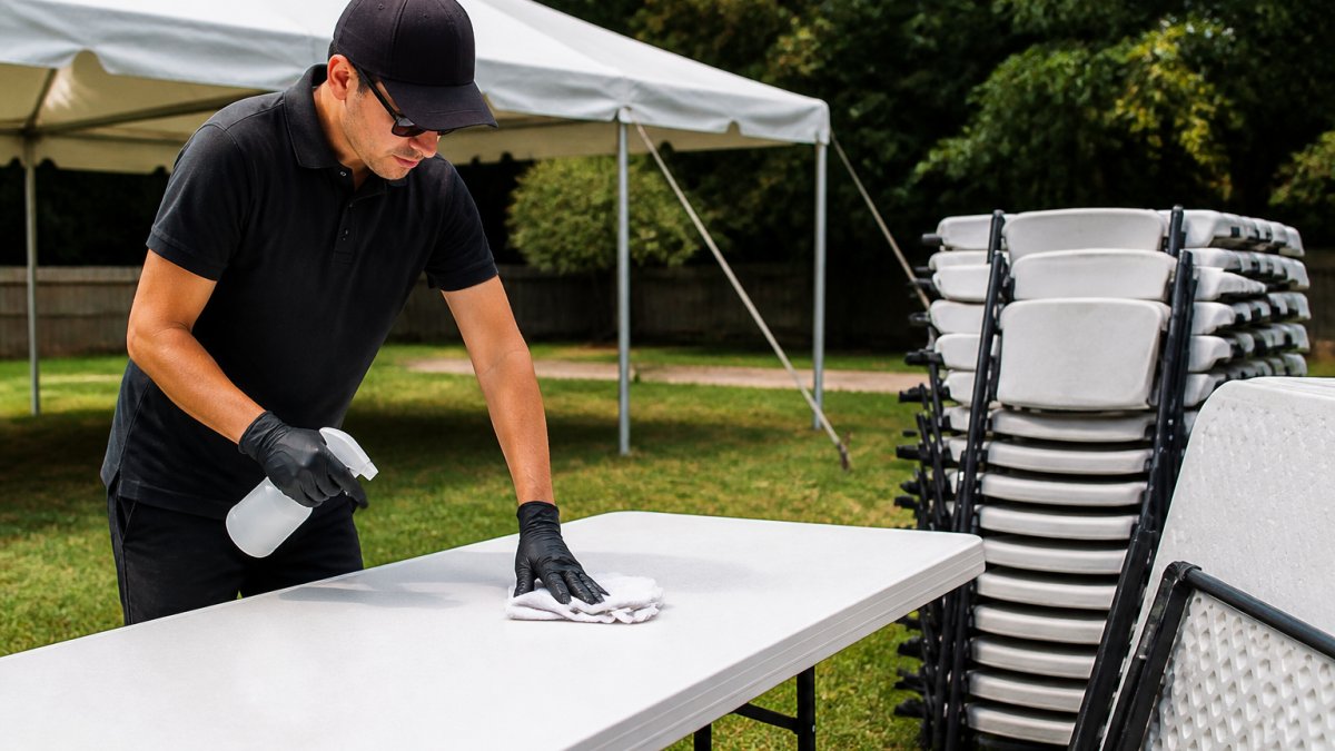 A worker wearing gloves wiping down a white folding event table with a spray bottle and cloth, stacked chairs and a tent frame visible in the background at an outdoor venue