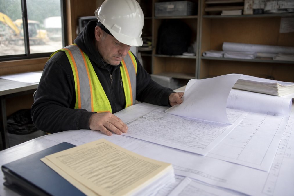 Project manager reviewing zoning classification documents and site survey maps at construction site office with blueprints and property deed visible on desk