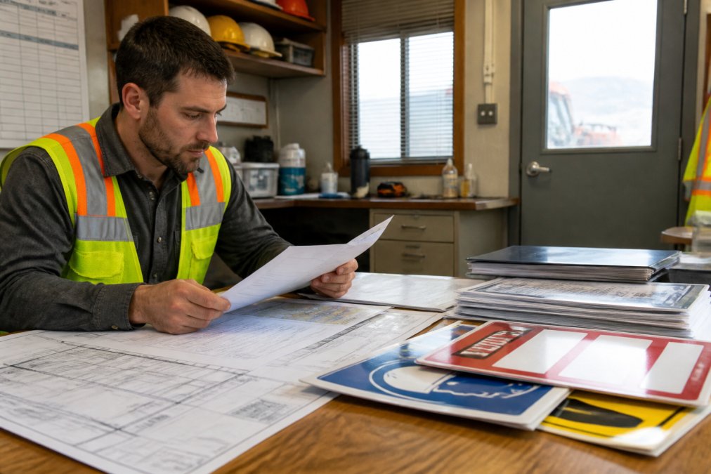 Construction site manager reviewing permit documents and site survey maps at job site office trailer with blueprints, zoning documents, and signage samples visible on desk