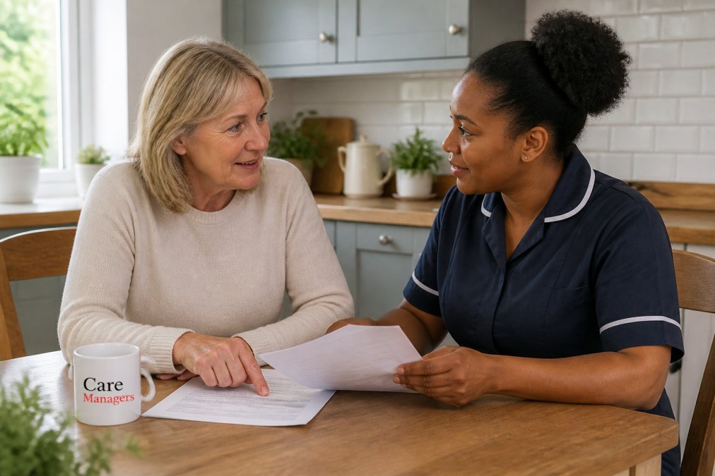 Family member and care provider having a face-to-face conversation at a kitchen table, reviewing printed care notes and discussing care plans together in natural afternoon light