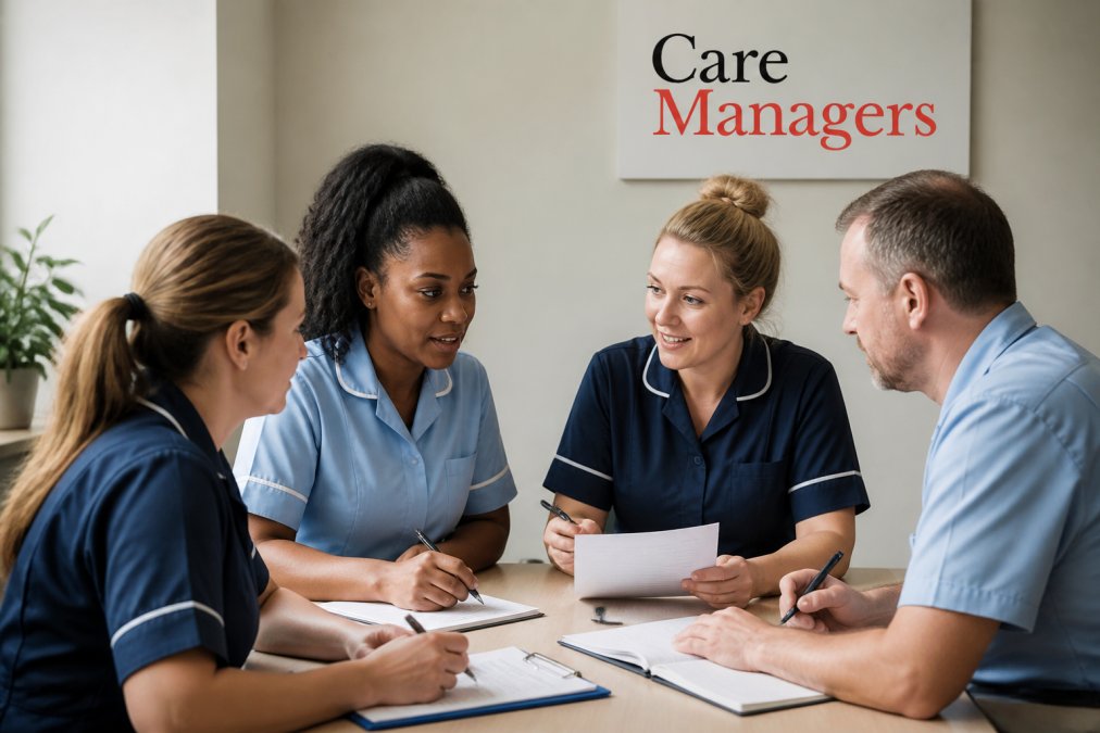 Care staff members sitting around a table in a professional healthcare setting, discussing feedback and reviewing care quality data together, with visible engagement and note-taking