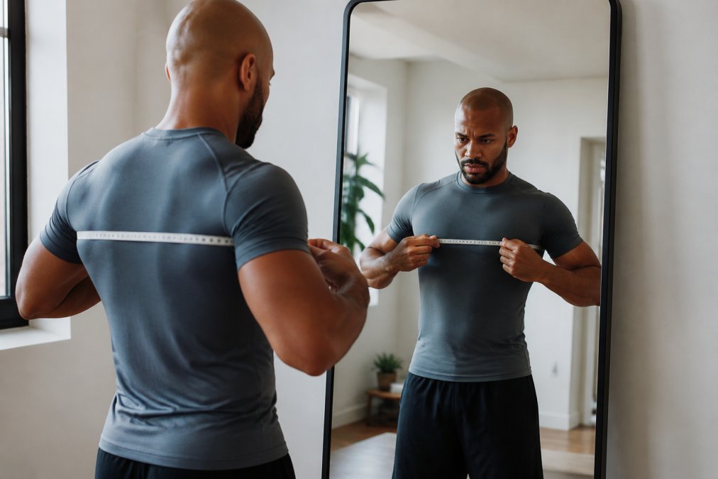 Person using a measuring tape on their chest to ensure consistent clothing sizing while standing before a mirror.