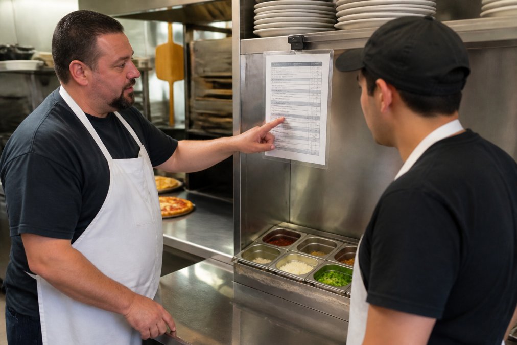 Kitchen manager reviewing a pizza quality control checklist with a cook to ensure consistent pizza quality