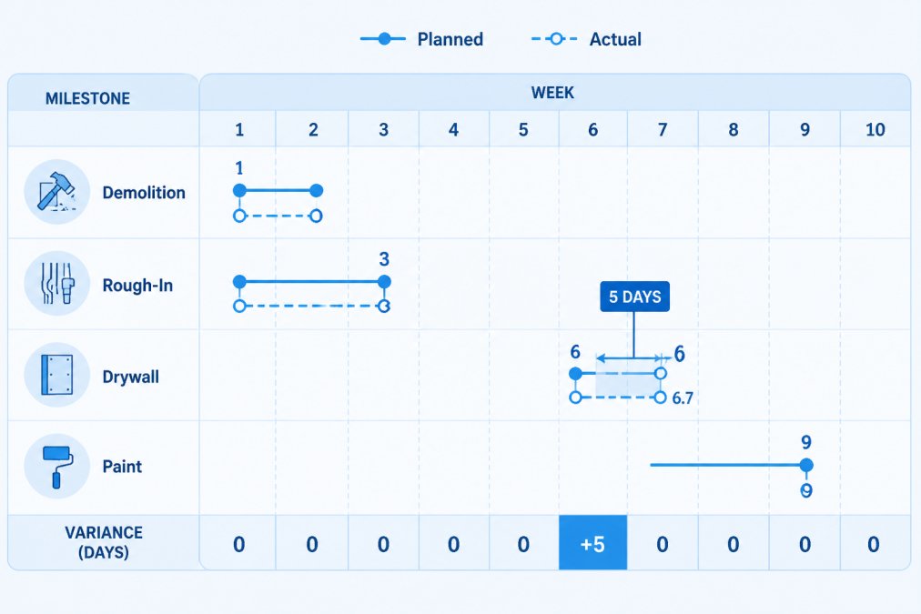 Line chart showing a 10-week renovation schedule with planned vs. actual dates for milestones like Demolition, Rough-In, Drywall, and Paint, highlighting a 5-day variance in week 6