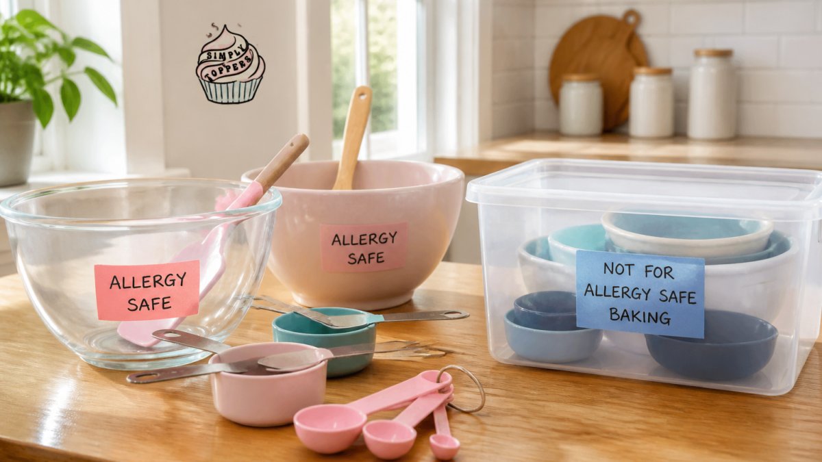 A home baker's kitchen worktop with two distinct sets of baking equipment side by side: one set of mixing bowls, wooden spoons and measuring cups clearly labelled with coloured stickers, and a separate set stored in a closed container. Clean, bright kitchen with natural light.