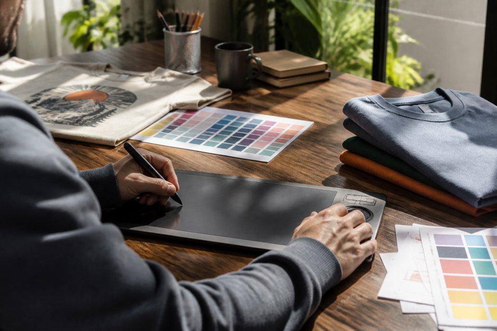 Designer's hands working on a computer screen displaying a custom shirt design in professional design software, with color swatch palettes and design tools visible on a wooden desk with natural window lighting